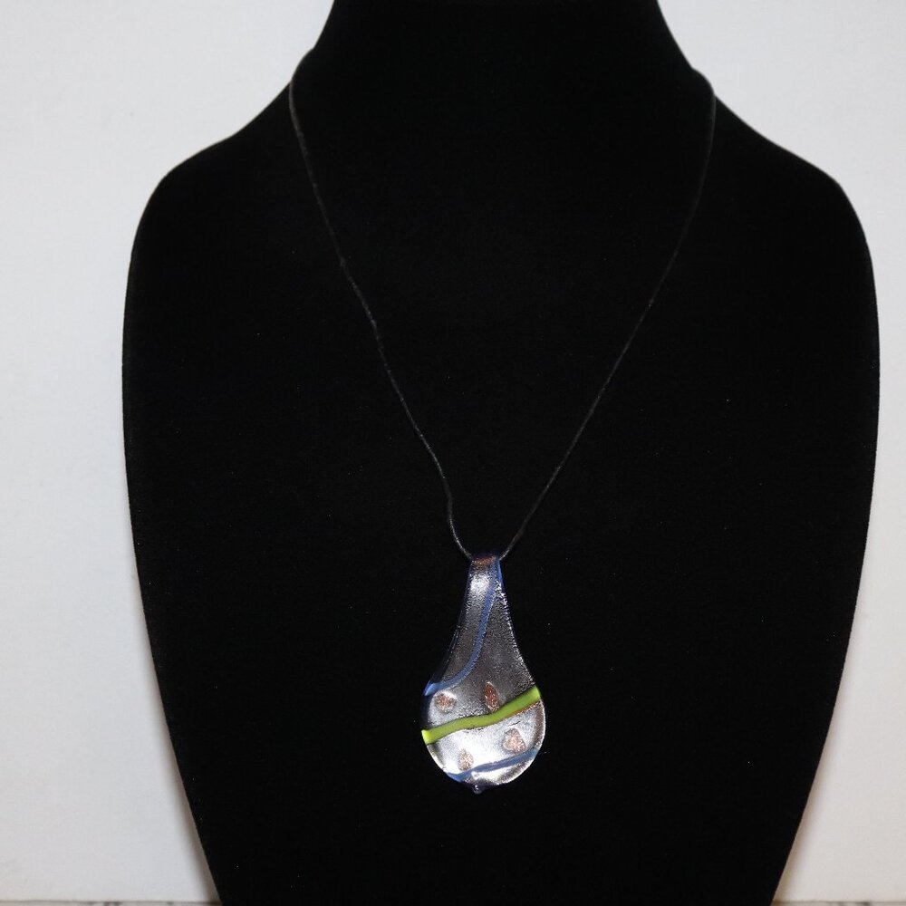 💙🖤🔮 Blue Glass Statement Pendant · Black Cord · 20"
